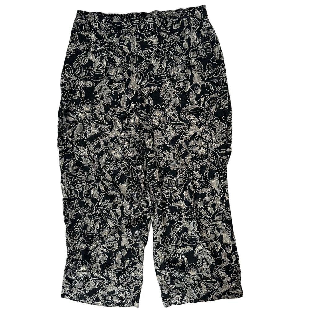 Lane Bryant Black Floral Linen Pants Women's 14 Lightweight Resort Elastic Waist